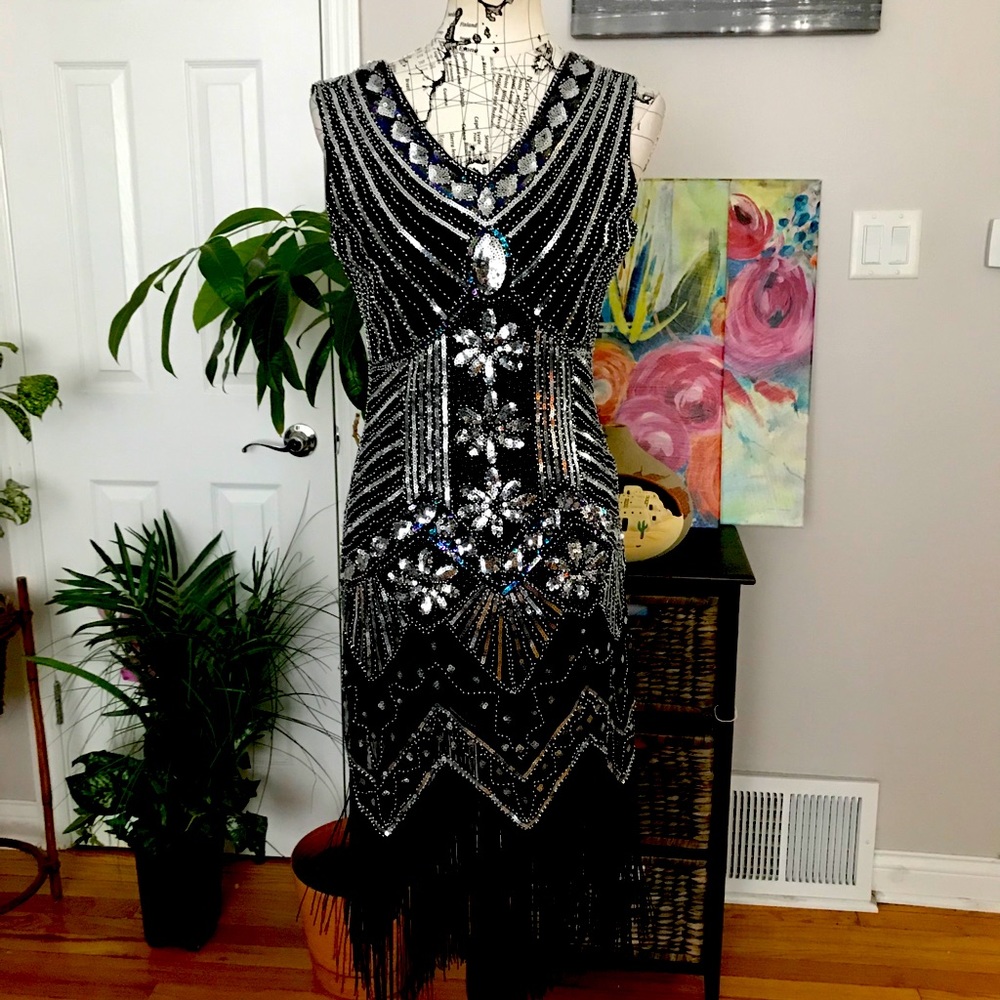 🎯Flapper Fringe 20’s Sequins Fitted Bodycon embellish costume Halloween bead S